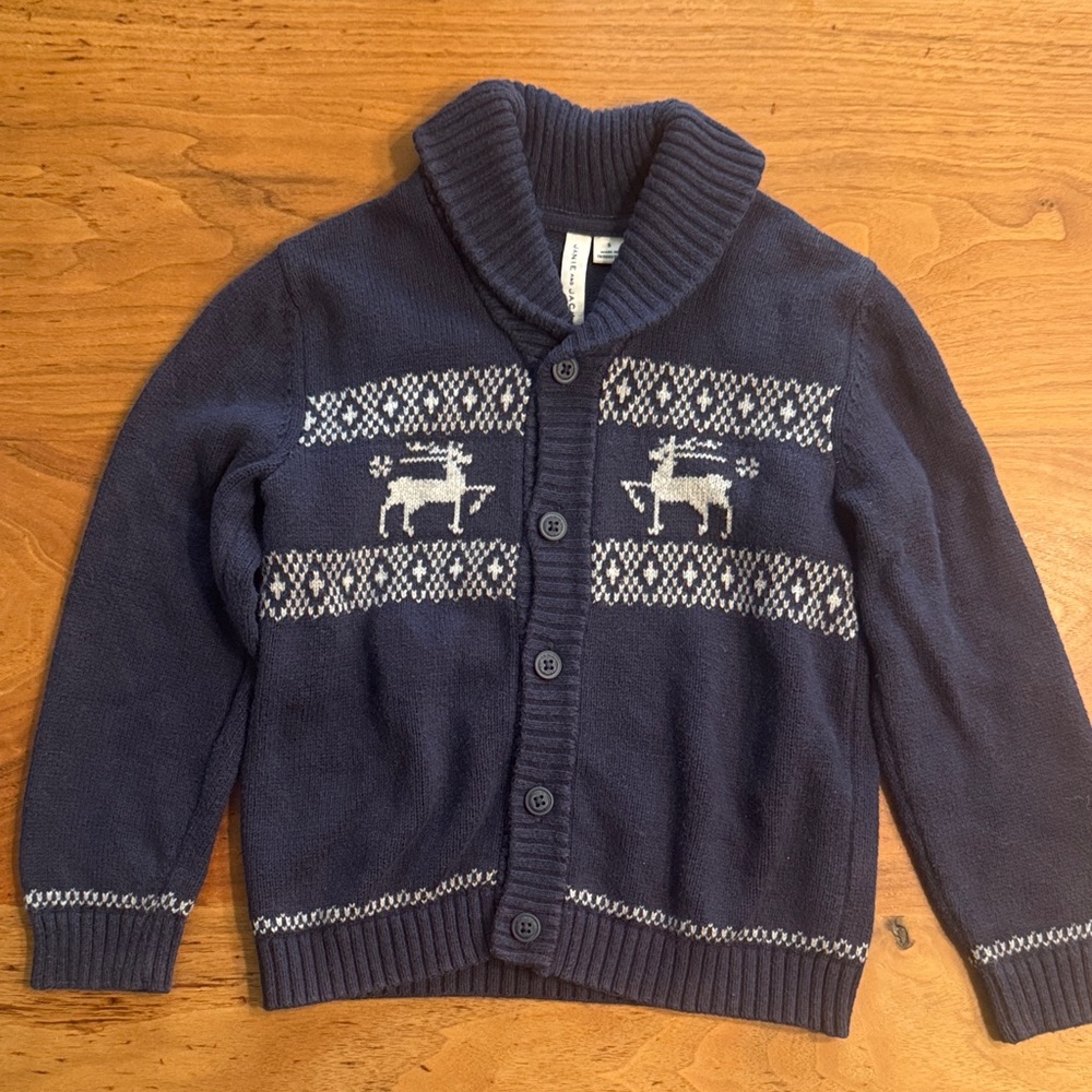 Janie and Jack Boys Reindeer Shawl Cardigan Sweater Size 5 VGUC